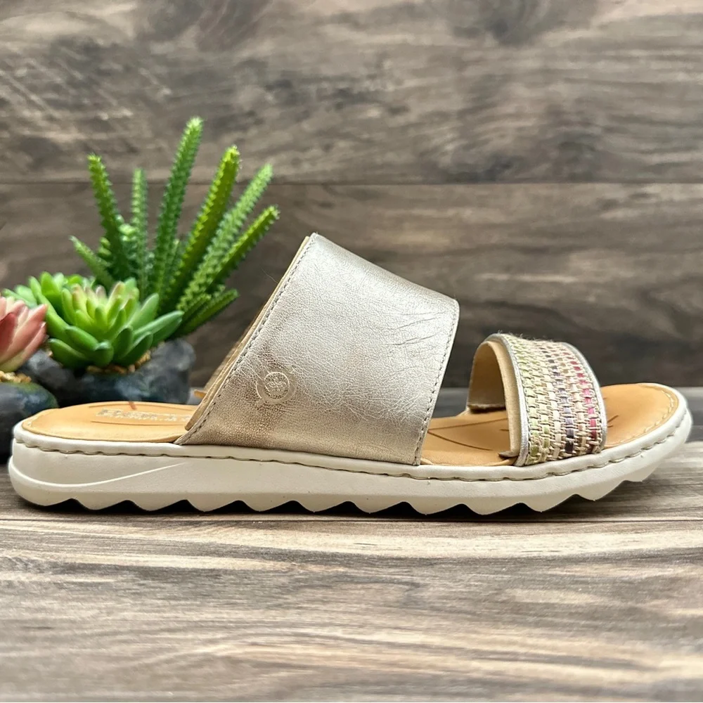 NIB Born Shore Slide Sandal Light Gold Leather Fabric Combo - Picture 5 of 12